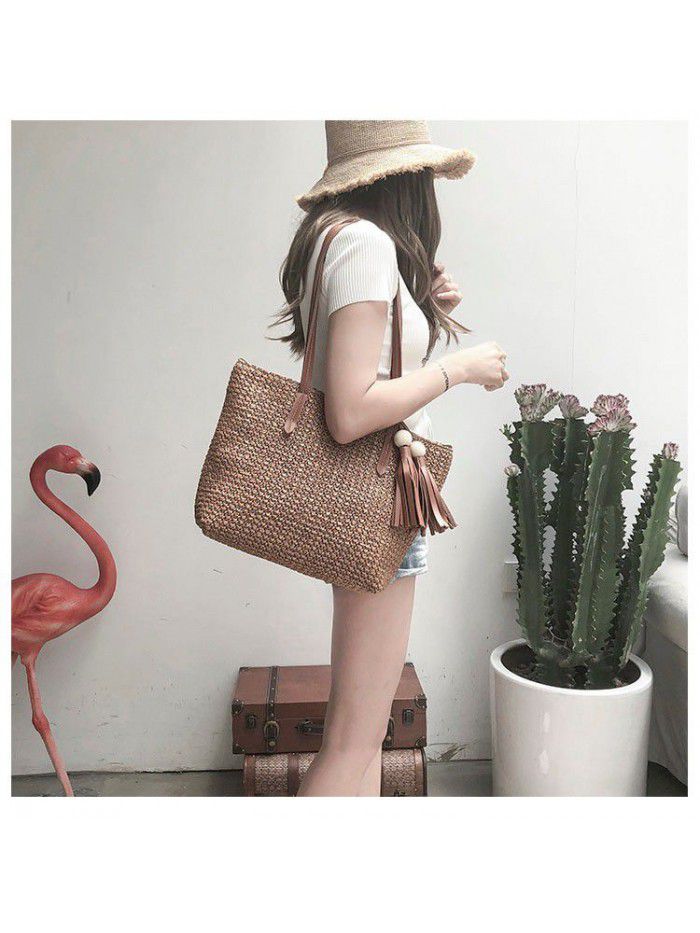 Korean straw bag large capacity vegetable basket bag braided tassel portable shoulder bag fashion tote bag for women