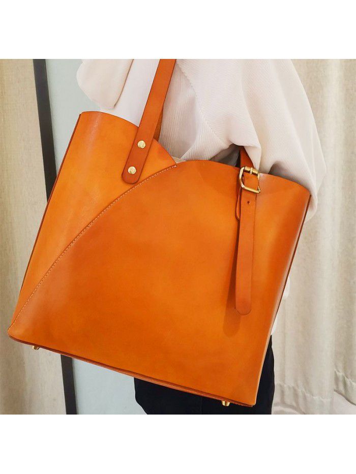 New fashion women's bag simple retro one shoulder bag large capacity vegetable tanned leather portable fashion One Shoulder Tote Bag