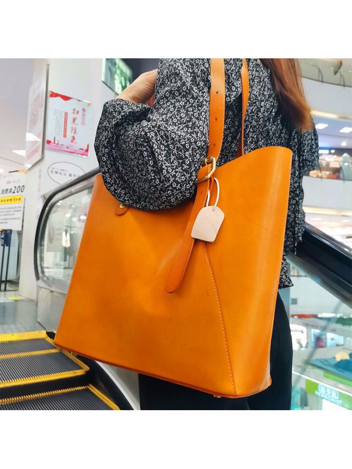 New fashion women's bag simple retro one shoulder bag large capacity vegetable tanned leather portable fashion One Shoulder Tote Bag