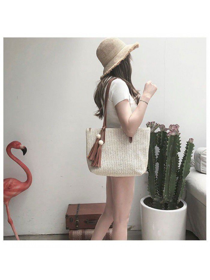 Korean straw bag large capacity vegetable basket bag braided tassel portable shoulder bag fashion tote bag for women