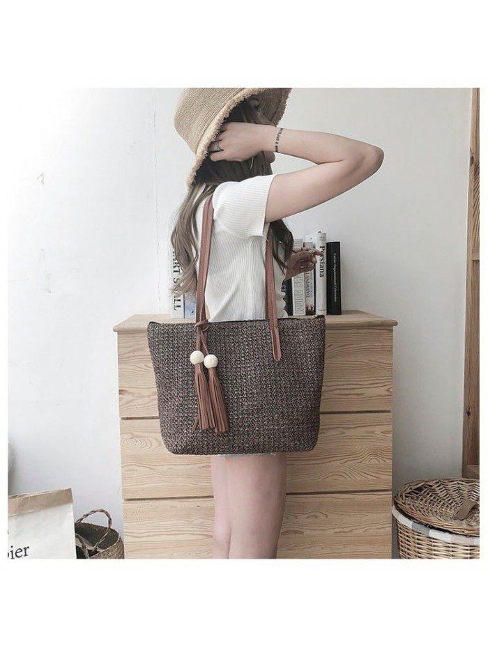 Korean straw bag large capacity vegetable basket bag braided tassel portable shoulder bag fashion tote bag for women