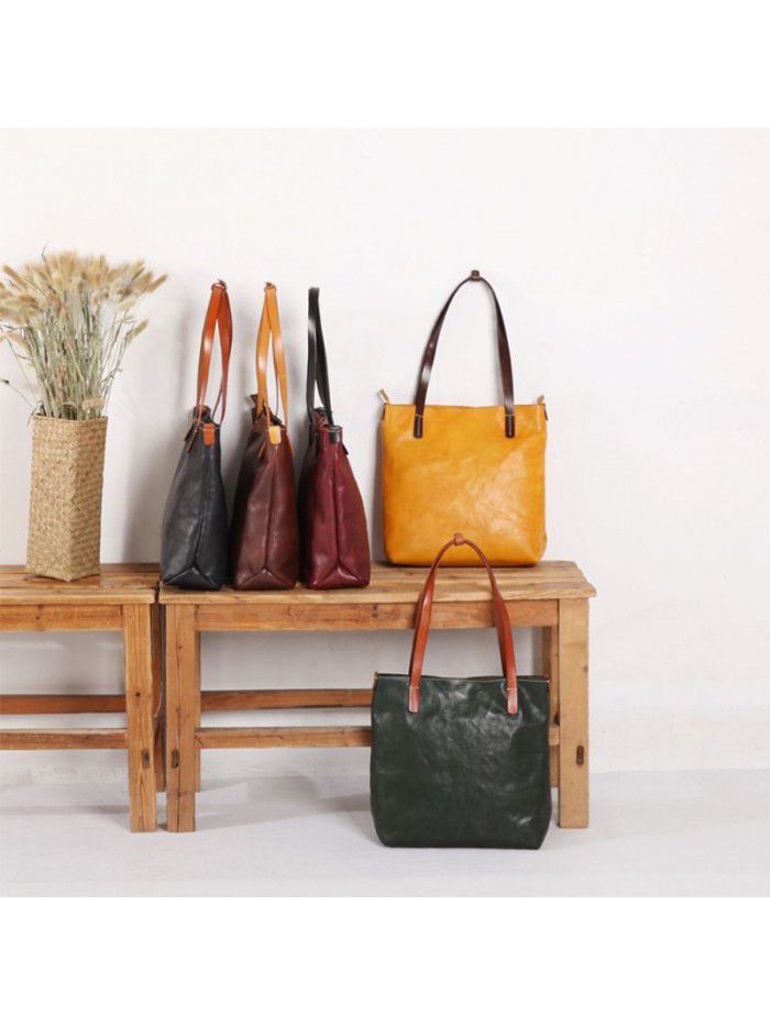  new original manual vegetable tanning leather vertical one shoulder handbag women's bag top leather contrast Tote Bag