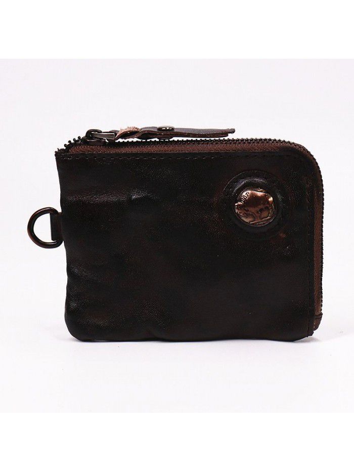 Hand made leather purse with head leather, men's leather, retro fold, short zipper, small wallet, card bag, zero wallet