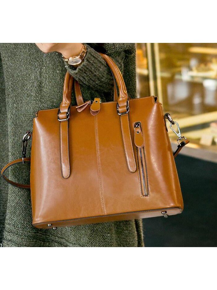  new European and American style leather women's bag fashion women's portable cross carry one shoulder waxy cow leather bag wholesale trend