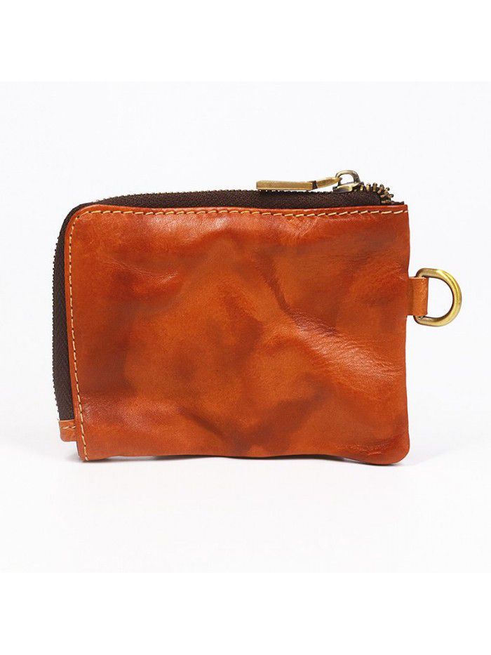 Hand made leather purse with head leather, men's leather, retro fold, short zipper, small wallet, card bag, zero wallet