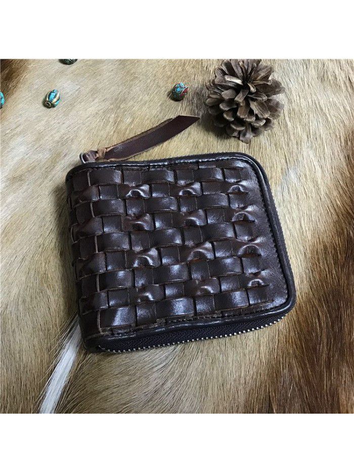 Classic vegetable tanned cow leather retro wash tree cream leather woven wallet European and American fashionable zipper wallet 18053