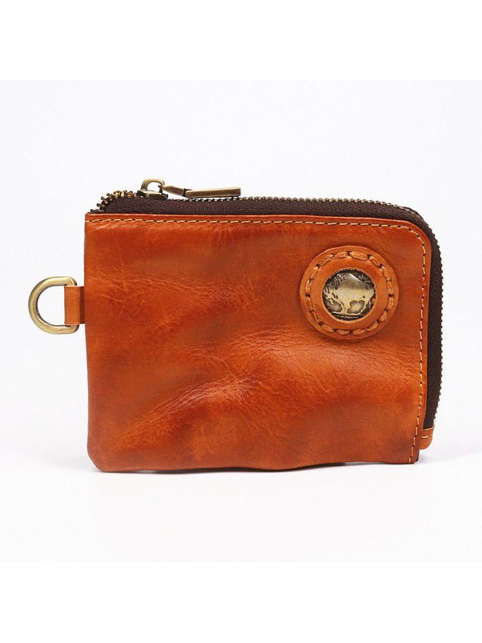 Hand made leather purse with head leather, men's leather, retro fold, short zipper, small wallet, card bag, zero wallet