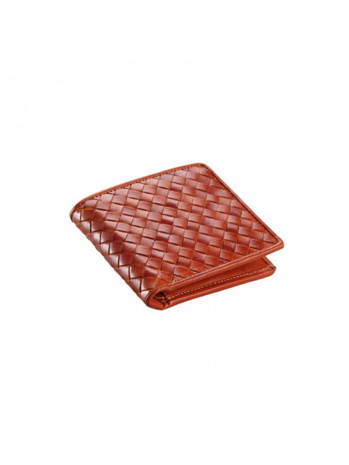 Japanese style leather hand woven vegetable tanned leather head leather leisure short wallet men's and women's card bag Vintage