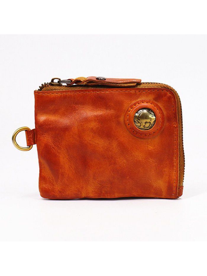 Hand made leather purse with head leather, men's leather, retro fold, short zipper, small wallet, card bag, zero wallet