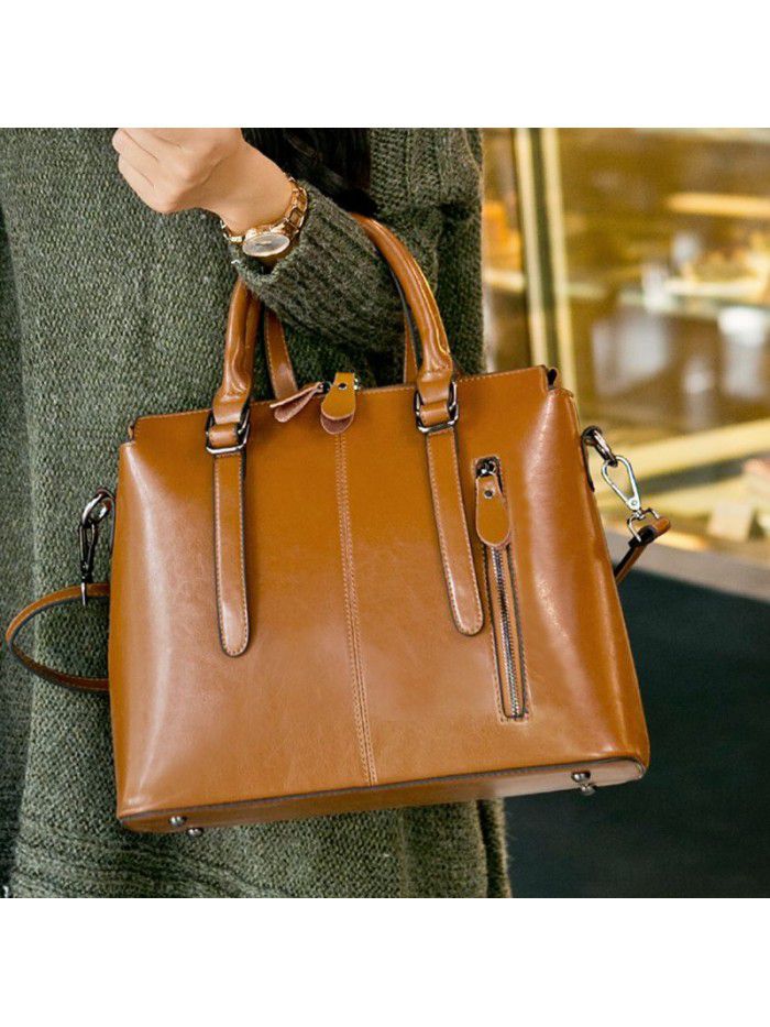  new European and American style leather women's bag fashion women's portable cross carry one shoulder waxy cow leather bag wholesale trend