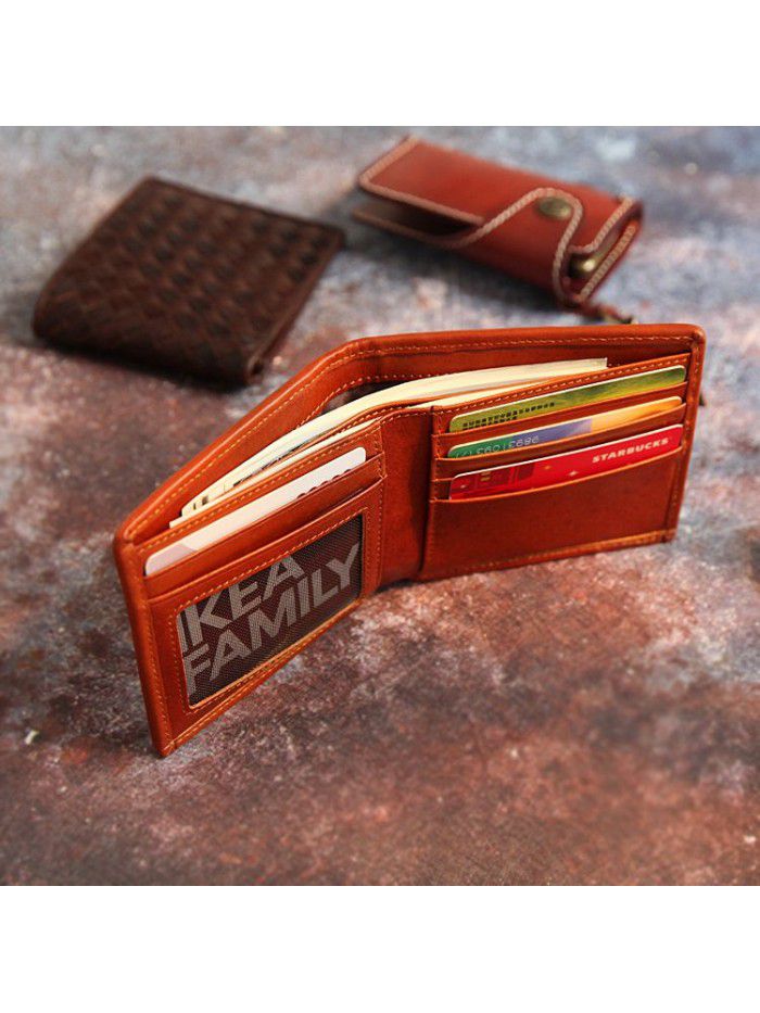 Japanese style leather hand woven vegetable tanned leather head leather leisure short wallet men's and women's card bag Vintage