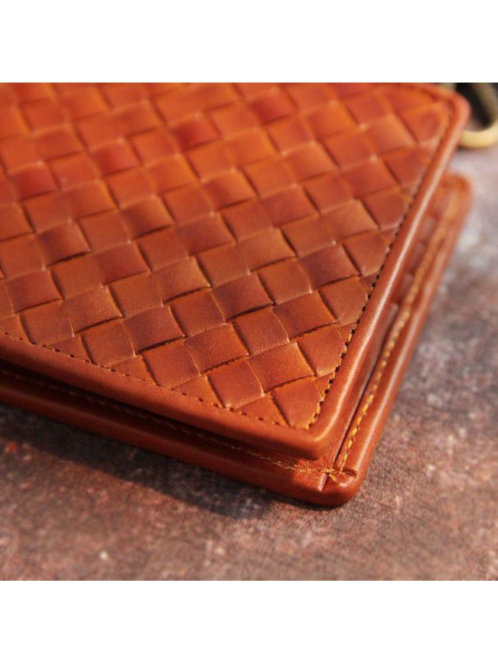 Japanese style leather hand woven vegetable tanned leather head leather leisure short wallet men's and women's card bag Vintage