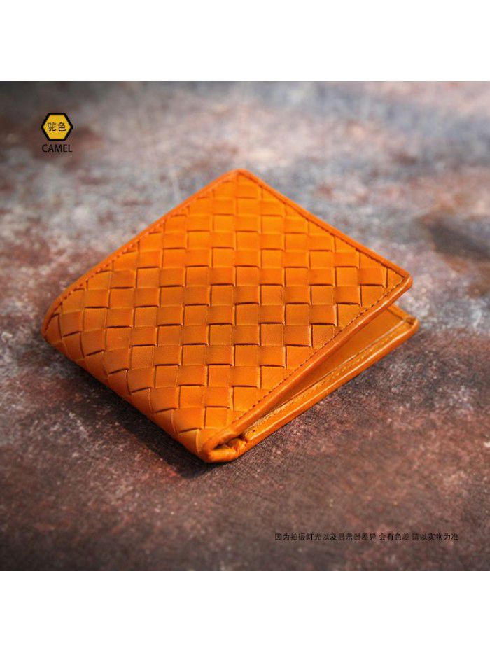 Japanese style leather hand woven vegetable tanned leather head leather leisure short wallet men's and women's card bag Vintage