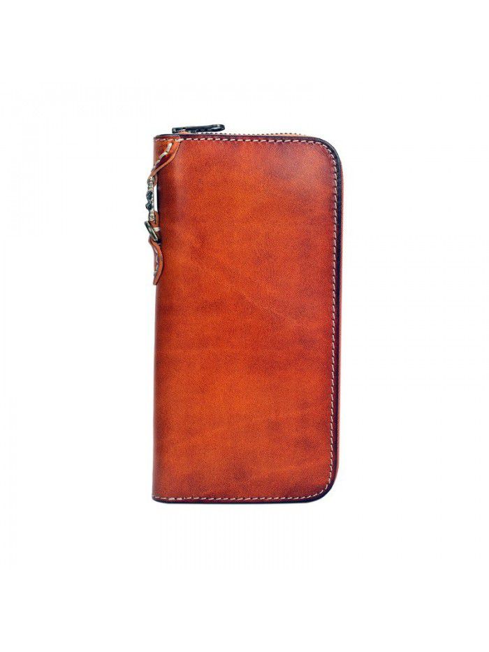 New hand painted vegetable tanned leather contrast long zipper wallet Japanese style Unisex men's and women's wallet