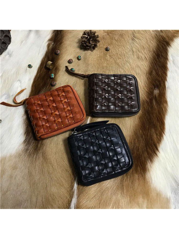 Classic vegetable tanned cow leather retro wash tree cream leather woven wallet European and American fashionable zipper wallet 18053