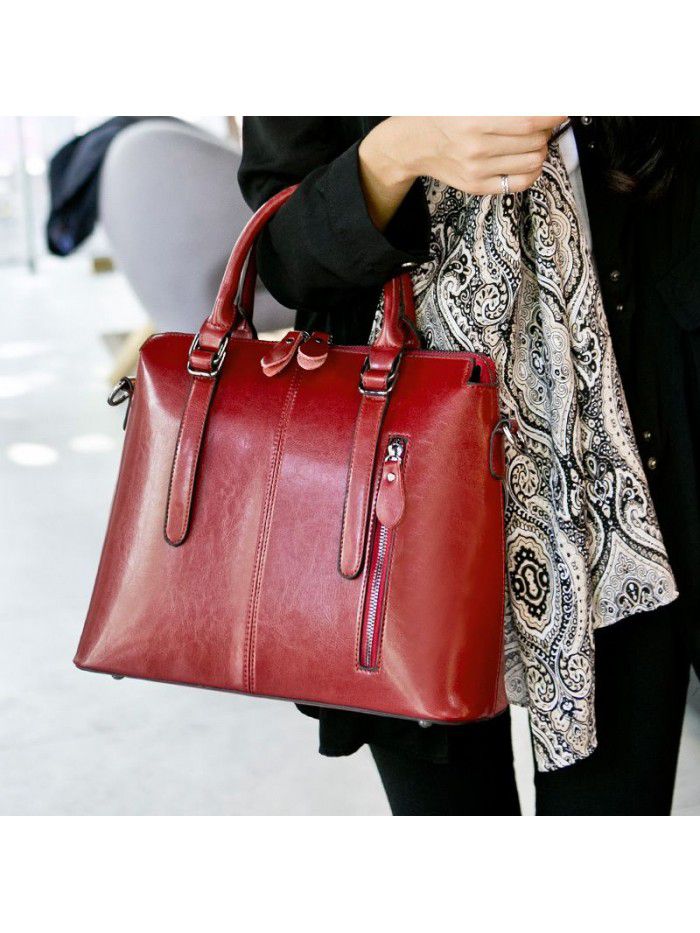  new European and American style leather women's bag fashion women's portable cross carry one shoulder waxy cow leather bag wholesale trend