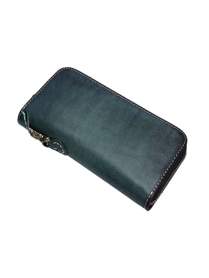 New hand painted vegetable tanned leather contrast long zipper wallet Japanese style Unisex men's and women's wallet