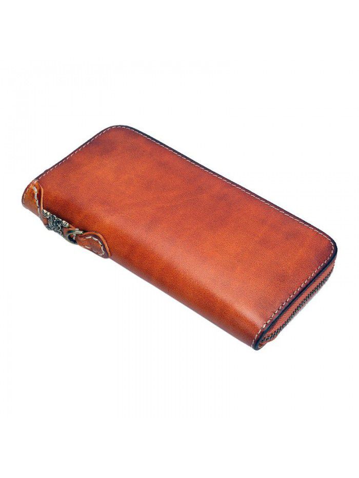 New hand painted vegetable tanned leather contrast long zipper wallet Japanese style Unisex men's and women's wallet