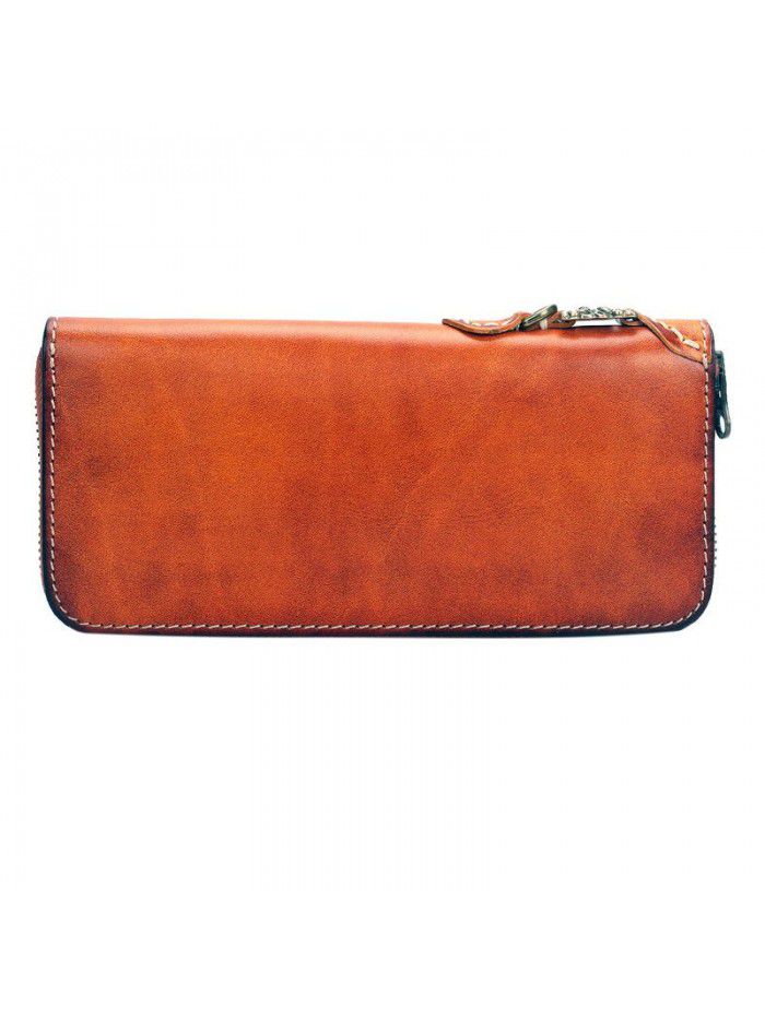 New hand painted vegetable tanned leather contrast long zipper wallet Japanese style Unisex men's and women's wallet