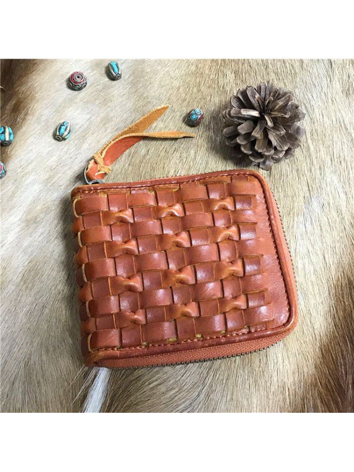 Classic vegetable tanned cow leather retro wash tree cream leather woven wallet European and American fashionable zipper wallet 18053