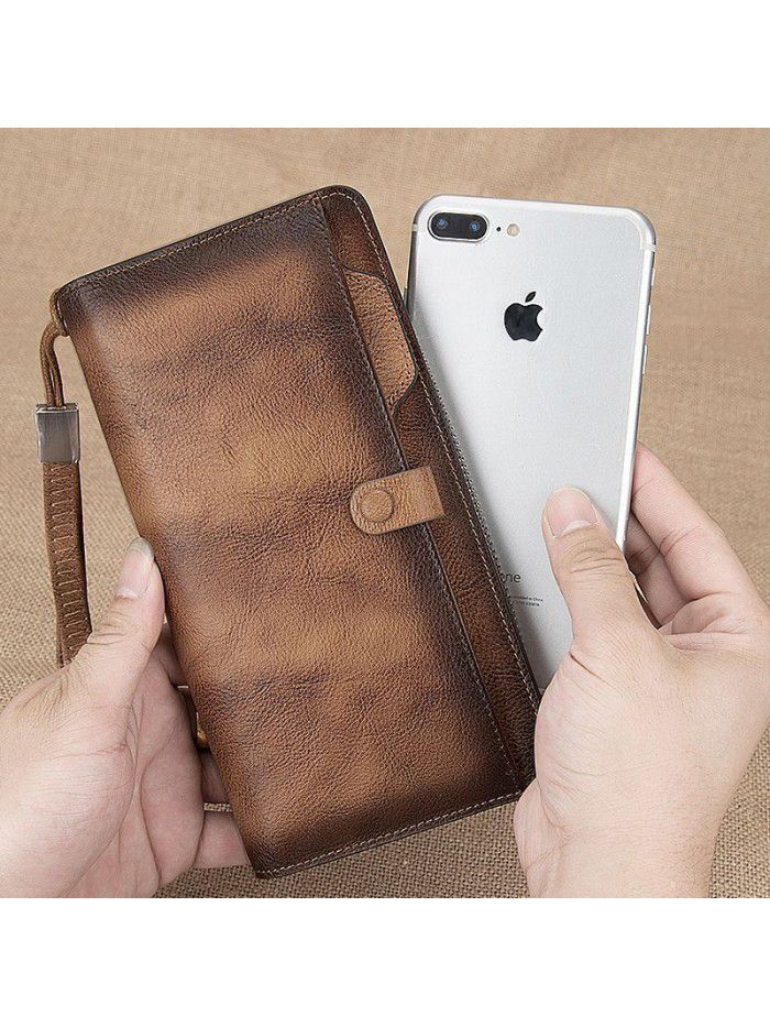 European and American new fashion men's wallet long leather multi-function wallet Retro Leather Hand Bag Large Capacity men's bag