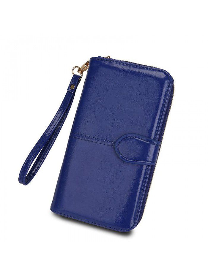 Cross border women's wallet oil wax leather retro Long Wallet women's large capacity multi-function zipper buckle mobile phone bag women