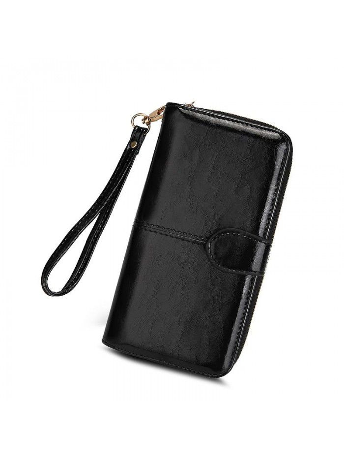 Cross border women's wallet oil wax leather retro Long Wallet women's large capacity multi-function zipper buckle mobile phone bag women