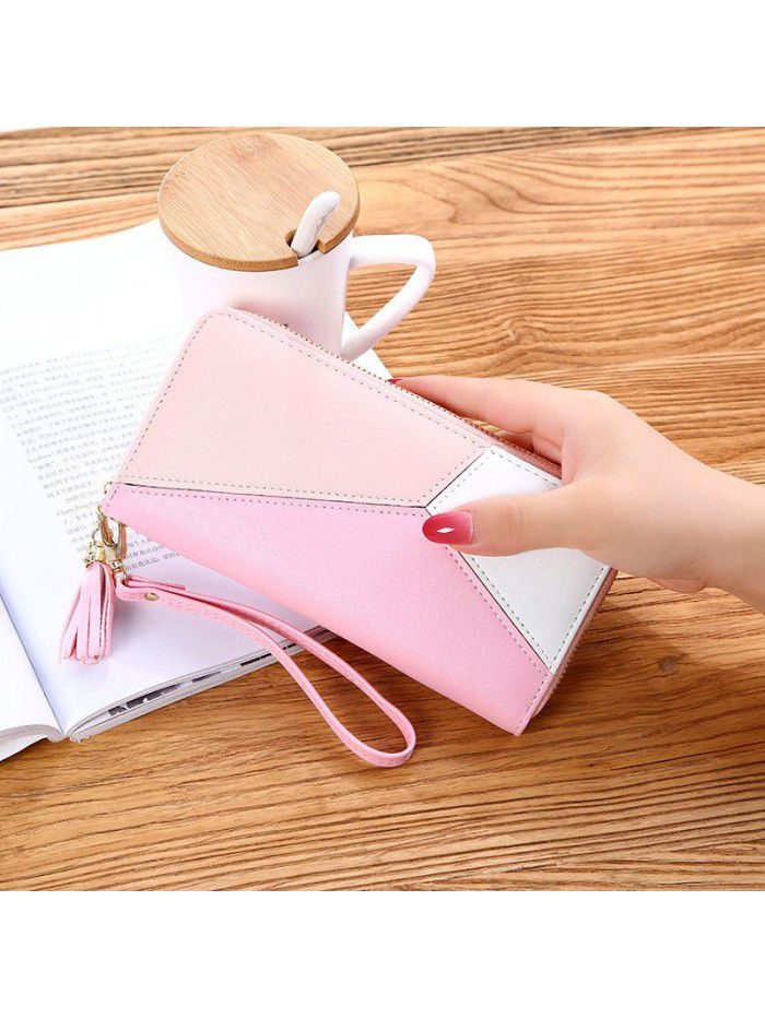 New women's handbag wallet women's long Korean color contrast splicing zipper tassel large capacity wallet mobile phone bag