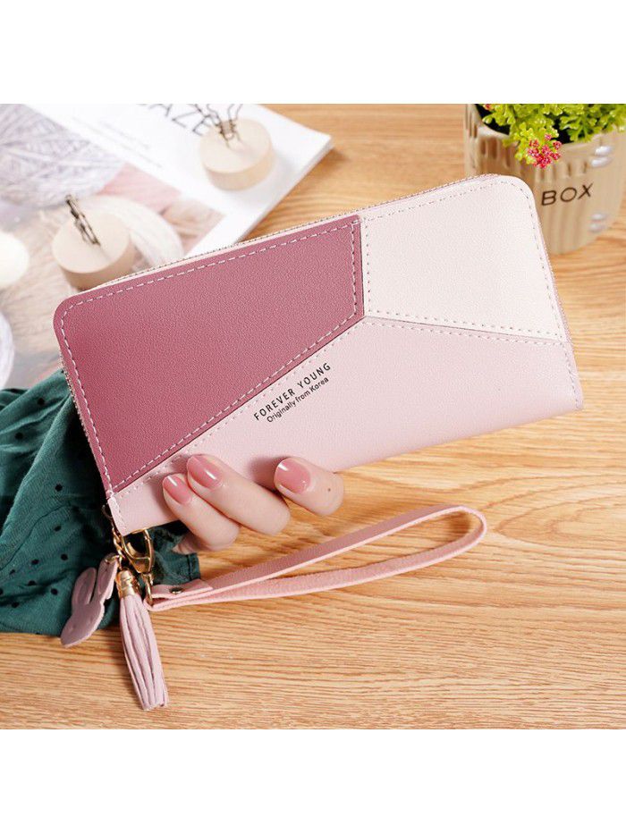 New women's handbag wallet women's long Korean color contrast splicing zipper tassel large capacity wallet mobile phone bag