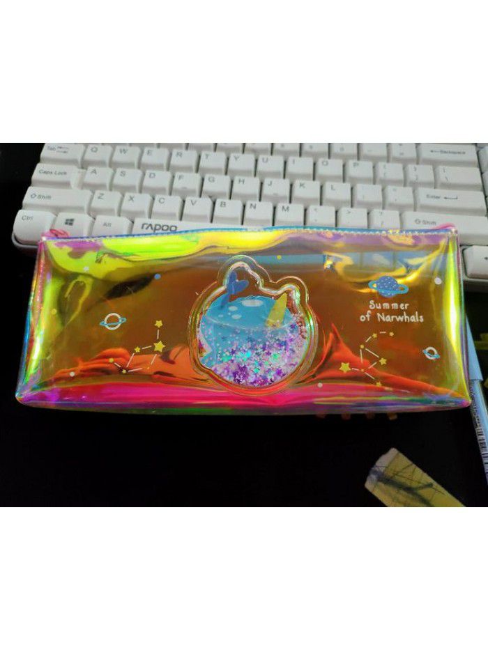 Oil flowing sand one horned whale pen bag transparent PVC large capacity pen bag girl's heart pen bag