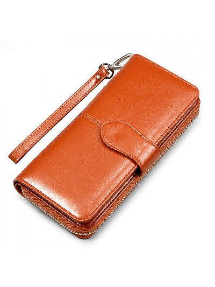 Cross border women's wallet oil wax leather retro Long Wallet women's large capacity multi-function zipper buckle mobile phone bag women