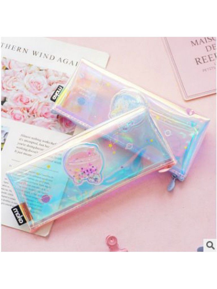 Oil flowing sand one horned whale pen bag transparent PVC large capacity pen bag girl's heart pen bag