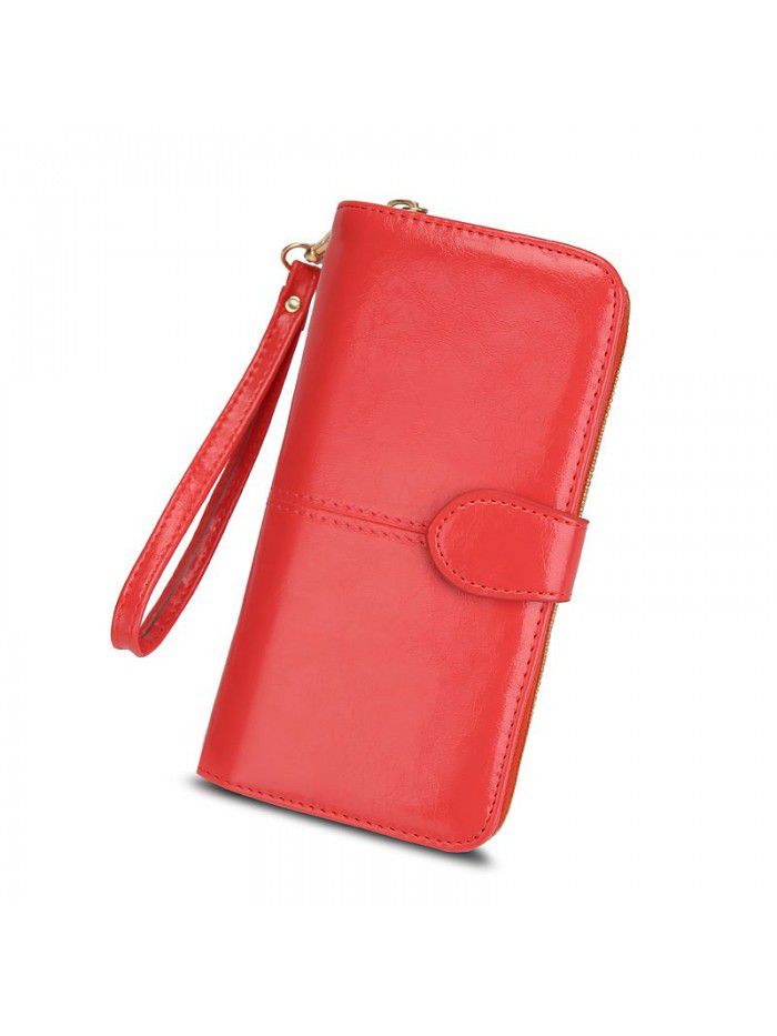 Cross border women's wallet oil wax leather retro Long Wallet women's large capacity multi-function zipper buckle mobile phone bag women