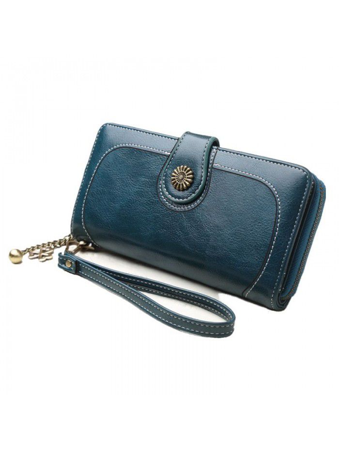 Women's three fold zipper wallet long oil wax leather hand bag foreign trade multi card oil skin mobile phone bag n826