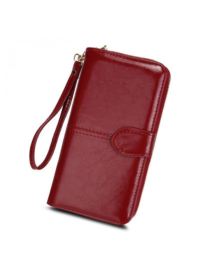 Cross border women's wallet oil wax leather retro Long Wallet women's large capacity multi-function zipper buckle mobile phone bag women