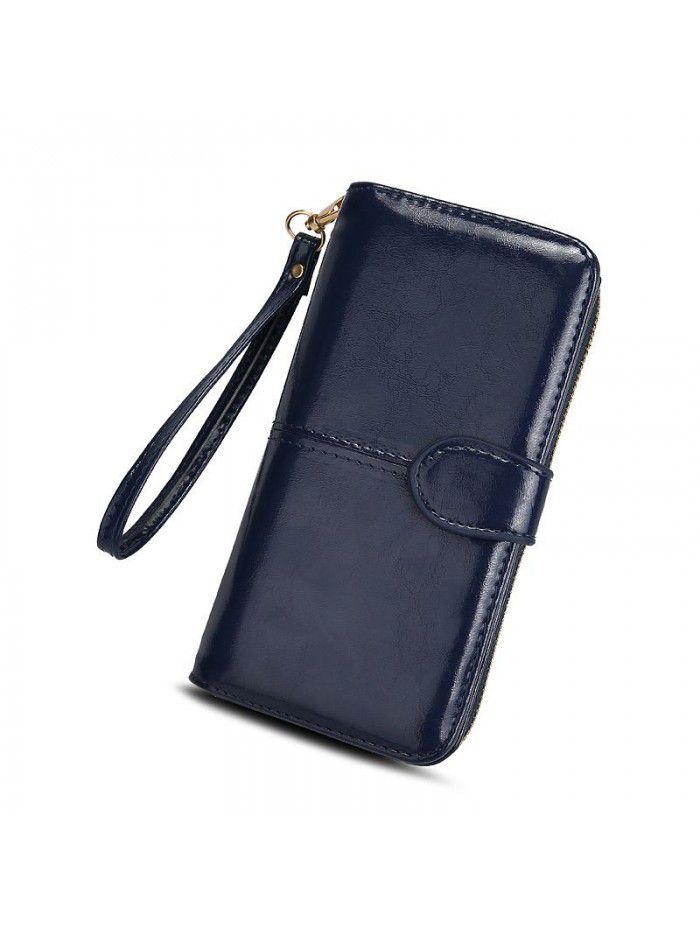 Cross border women's wallet oil wax leather retro Long Wallet women's large capacity multi-function zipper buckle mobile phone bag women