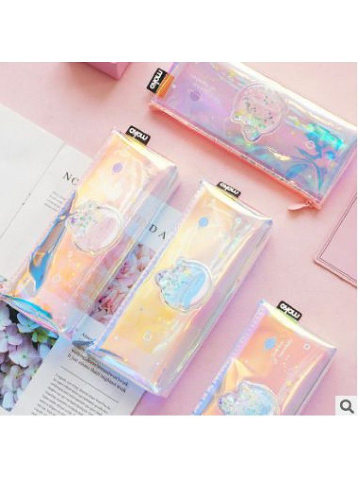 Oil flowing sand one horned whale pen bag transparent PVC large capacity pen bag girl's heart pen bag