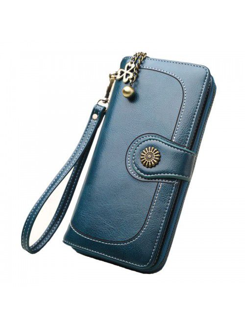 Women's three fold zipper wallet long oil wax leat...