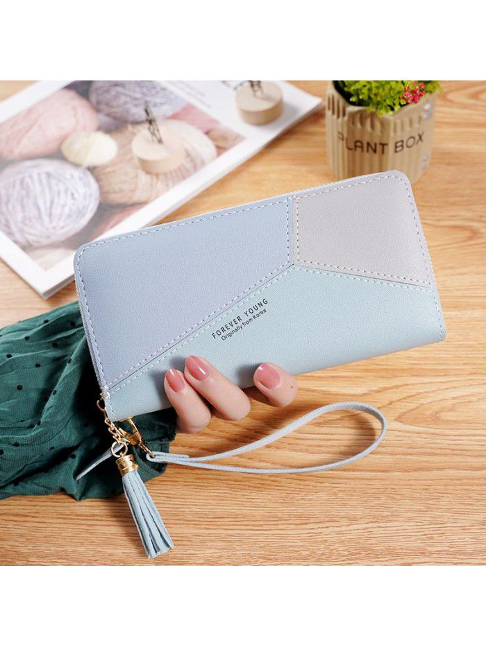 New women's handbag wallet women's long Korean color contrast splicing zipper tassel large capacity wallet mobile phone bag