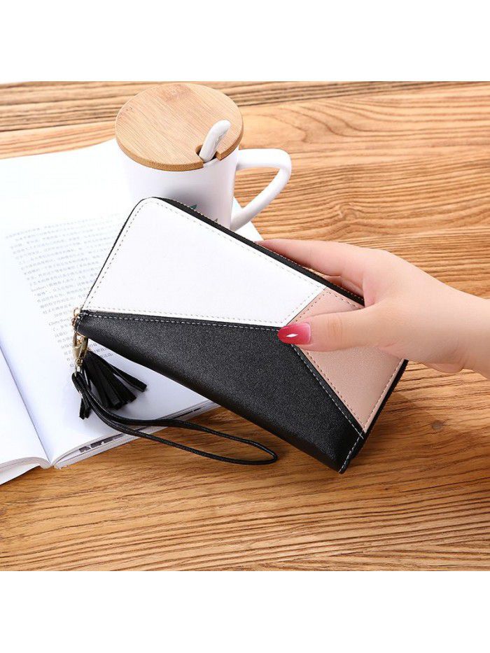 New women's handbag wallet women's long Korean color contrast splicing zipper tassel large capacity wallet mobile phone bag