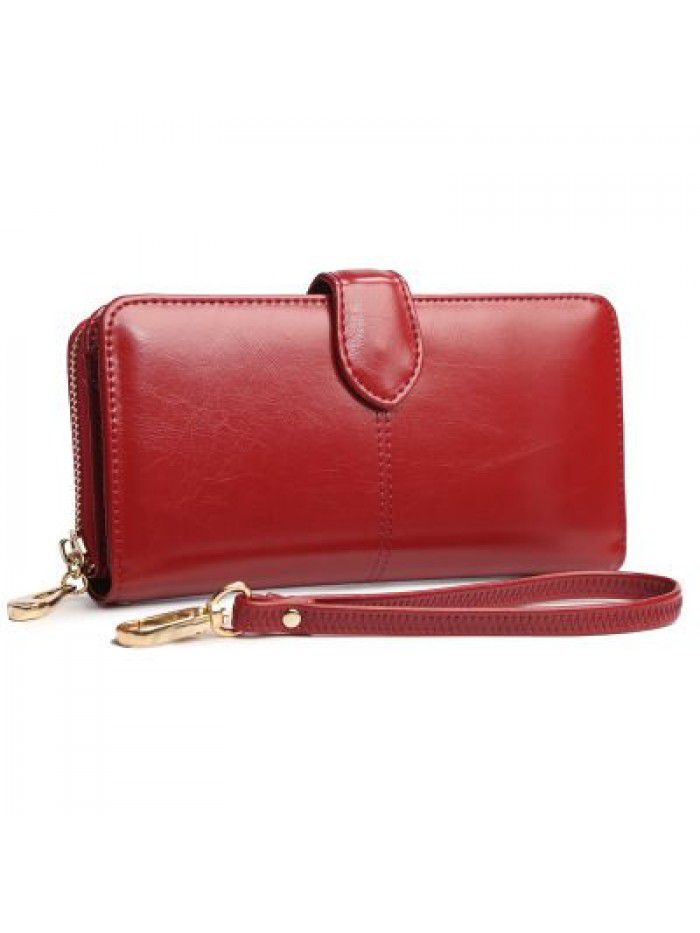 Cross border women's wallet oil wax leather retro Long Wallet women's large capacity multi-function zipper buckle mobile phone bag women