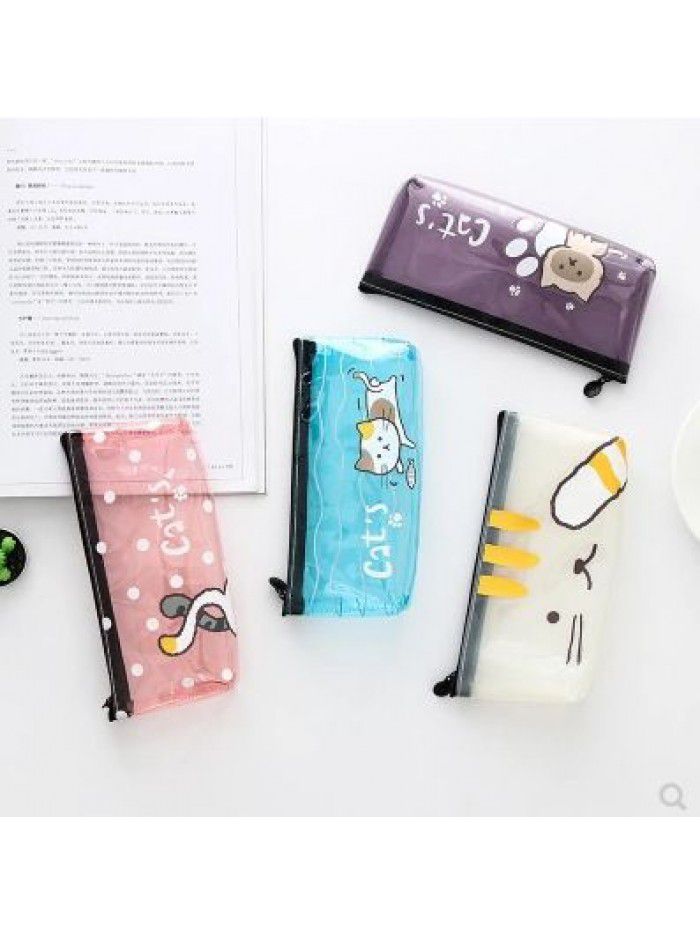 Japanese and Korean cartoon small fresh pink girl heart cat transparent stationery pencil case cartoon small animal large capacity pencil case