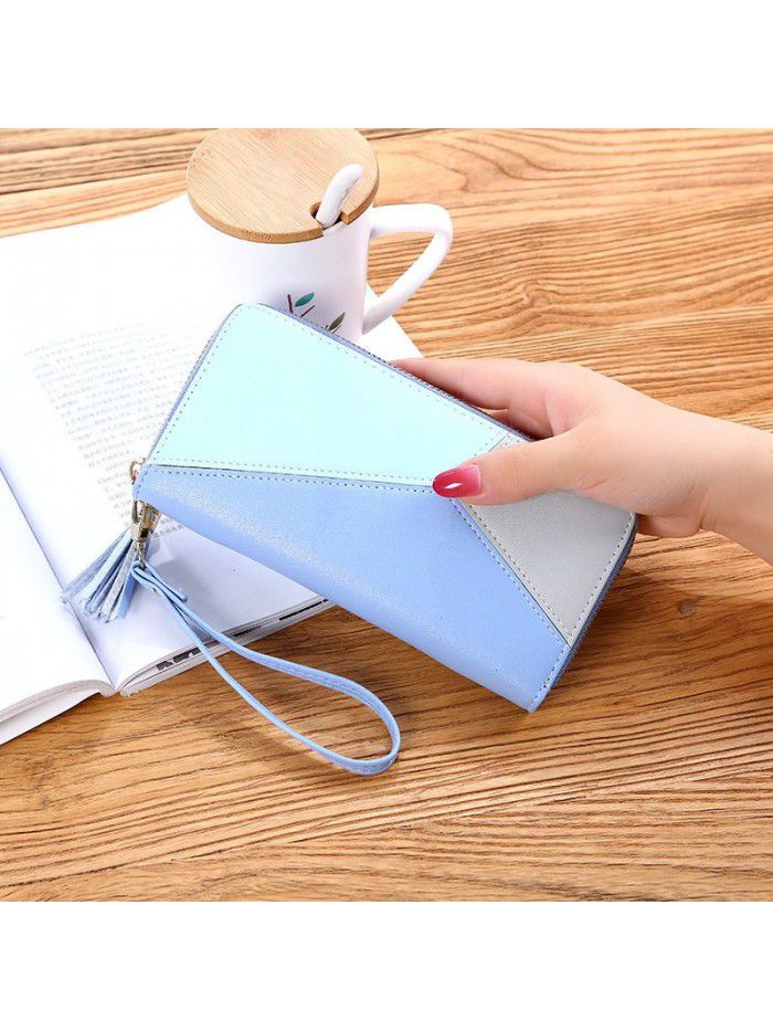 New women's handbag wallet women's long Korean color contrast splicing zipper tassel large capacity wallet mobile phone bag