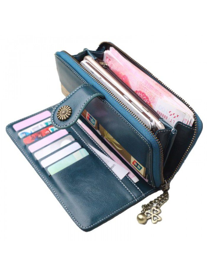 Women's three fold zipper wallet long oil wax leather hand bag foreign trade multi card oil skin mobile phone bag n826