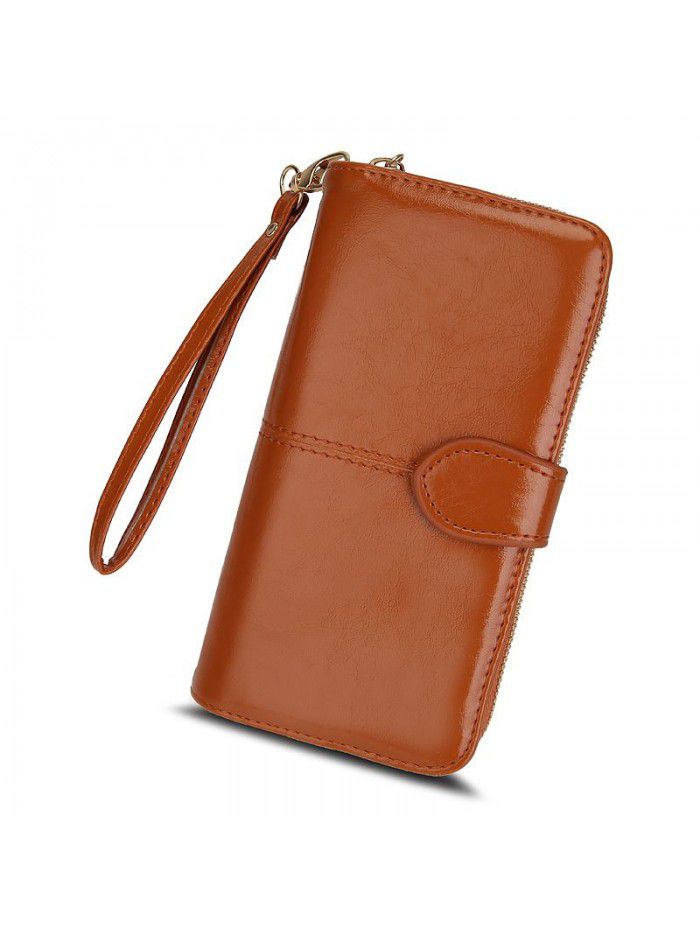 Cross border women's wallet oil wax leather retro Long Wallet women's large capacity multi-function zipper buckle mobile phone bag women