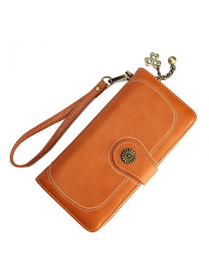 Women's three fold zipper wallet long oil wax leather hand bag foreign trade multi card oil skin mobile phone bag n826