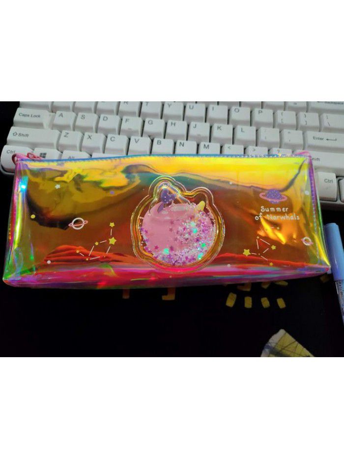 Oil flowing sand one horned whale pen bag transparent PVC large capacity pen bag girl's heart pen bag