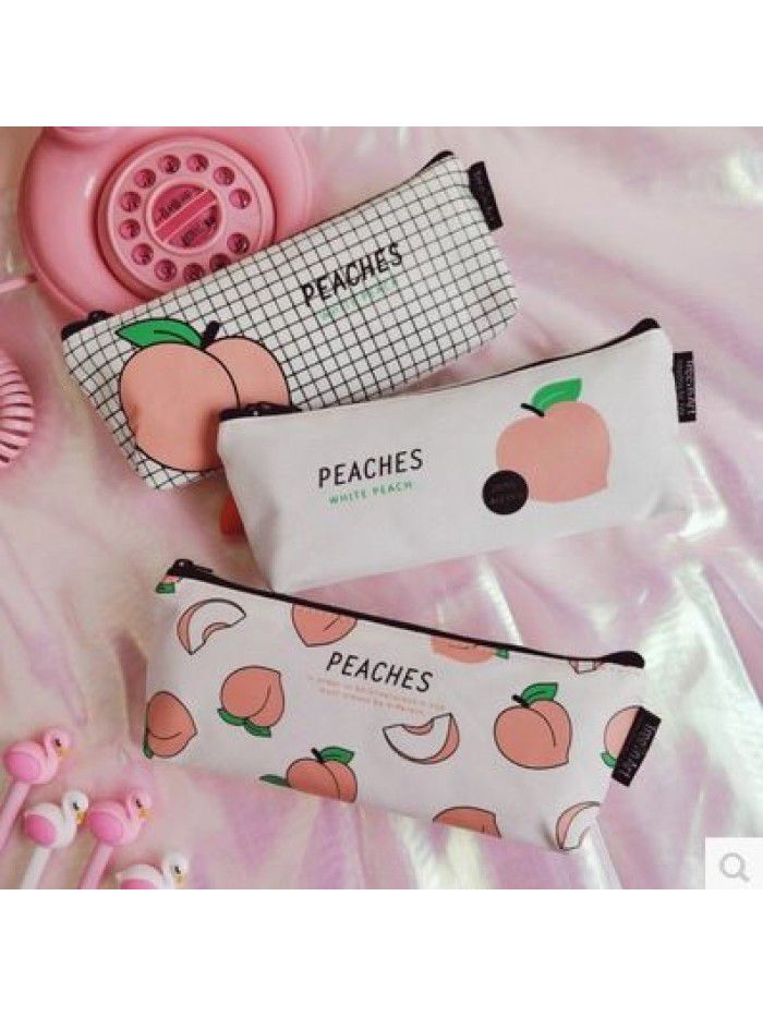 Creative and lovely japanese peach canvas pencil bag small fresh and interesting letter stationery box storage bag pencil bag girl