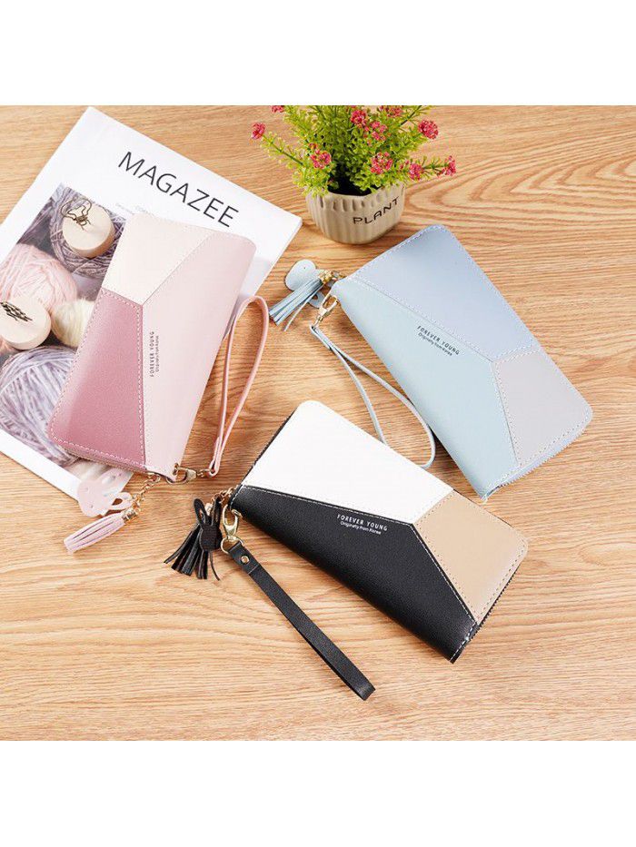 New women's handbag wallet women's long Korean color contrast splicing zipper tassel large capacity wallet mobile phone bag