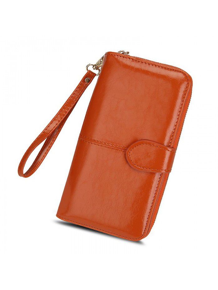 Cross border women's wallet oil wax leather retro Long Wallet women's large capacity multi-function zipper buckle mobile phone bag women